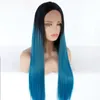 Vente en gros droite perruque avant de lacet Ombre 1B cheveux bleus fibres résistantes à la chaleur synthétique avant de lacet perruque sans colle demi-main attachée pour toutes les femmes