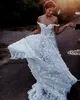 2019 새로운 보헤미안 웨딩 드레스 숄더 레이스에서 3D 꽃 아플리케 라인 비치 웨딩 드레스 스윕 기차 저렴한 Bhoh 신부 가운
