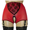 Sexy Women Open Crotch Shorts with 4-Metal Buckles Short Straps Lace and Mesh Lingerie Suspender Elastic Garter Belt with Satin Bo234N