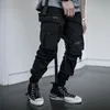 Multi Pocket Hip Hop Streetwear Męskie Black Joggers Pants Men Men Cotton Ribbon Cargo Spodni spodni Elastyczna talia181p