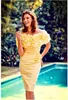 Elegant Yellow Cocktail Party Dresses with Hand Made Flowers Knee Length Prom Dress modest Plus Size Evening Guest Gowns Z116