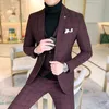 Traje de 3 piezas, chaleco, trajes para hombre con pantalones, vino tinto, Retro, a cuadros, corte entallado, vestido de boda Formal, trajes de esmoquin de talla grande 5XL 20192499