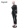 Strigende Black Long Sleeve Fauxレザージャンプスーツ女性の襟PUレザージャンプスーツボディコンポケットフロントジッパージャンプスーツT5190614