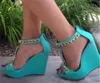 Summer New Fashion Women Open Toe T-strap Gold Chains Platform Blue Height Increased High Heel Wedge Sandals