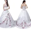 Dark Red Embroidery White Vintage Wedding Dress 2022 New Lace Up Back Satin Ruched Cour Train Strapless Vestidos De Novia