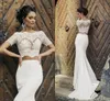 Modest koronki Suknie ślubne z długim rękawami V-Neck Trumpet Illusion Backless Suknie ślubne Sweep Pociąg Suknia Ślubna 3972