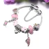 Partihandel-Rosa Glaspärlor Armband Alla hjärtans dag Present Armband Lämplig för Pandora Style Smycken