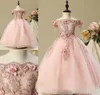 Różowy 3d Kwiatowy Aplikacja Kwiat Dziewczyny Suknie Off The Ramię Zroszony Koronki Tulle Długość podłogi Custom Made Kids Birthday Party Princess Suknia