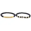 Fashion Handmade 6MM Natural Black Beads Strands Bracelet High Quality 4 Colors Metal Cross Charm Bracelets 2PCS/Set