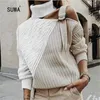 Camisolas femininas Design contraste cor patchwork malha crochet hollow-out pullover top 2021Fashion Street Mulheres Turtleneck Sweater Asian S