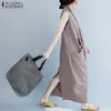 Fashion- Dress Oversized Dress Women Sleeveless Deep V Neck Long Vestidos Casual Solid Pockets Summer Sundress Womens Dresses