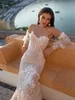 2020 Lian Rokman vestidos sereia casamento Illusion Alças manga comprida Lace apliques vestidos de noiva Backless varredura Trem do vestido de casamento