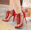 Hot koop-nieuwste rood zwart gouden band patchwork lace up hoge hak sandalen trouwschoenen maat 35 tot 40