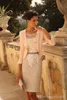 New Column Mother of the Bridal Dresses Sheer Crew Neck Half Sleeves Lace Appliques Beaded Belt Elegant Mother's Dresses with Jacket