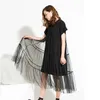 [eam] 2019 Spring New Large Size Long Big Size Net Yarn Spliced Black O-neck Short Sleeve Sexy Mesh Dress Woman 5xl 3361 MX190727 MX190801