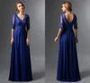 Kraliyet Mavi 2020 Anne Gelin Elbiseler A-Line V Yaka Yarım Kollu Şifon Dantel Uzun Zarif Damat Anne DSS Anne Düğün için Elbiseler