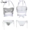 CWLSP Sexy Bling Sequins Crop Tops And G Strings Two Pieces Set Halter Tank Tops Beach Wear Bikini Swimwear QL3953