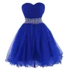 Royal Blue Piping A-Line Graduation Homecoming Klänningar 2020 Strapless Pleated Draped Beaded Sashes Crystal Short Prom Dress Party Vestidos