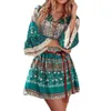 Boho été demi manches robes imprimé fleuri col en v à lacets Mini tenue décontractée femmes bohème Hippie Chic robes