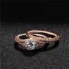 Conjunto de anéis duplos de ouro rosa e prata, 2 pçs/lote, anel de noivado, zircônia cúbica, para mulheres, senhoras, festa, amante, casamento