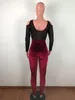 Adogirl Sheer Malha Patchwork Velvet Jumpsuit Mulheres Sexy Ombro Frio Manga Longa Skinny Romper Night Club Macacões Bodysuits T200107