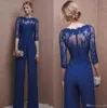 Royal Blue 2019 Plus Size Mother Of Bride Pant Suit 3/4 Lace Sleeve Mother Jumpsuit Chiffon Cocktail Party Evening Dresses Custom Made