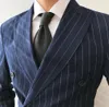 Smoking da sposa da uomo a righe blu con risvolto a punta 3 pezzi Abiti da sposo per abiti da ballo Blazer formale con un bottone (giacca + pantaloni)