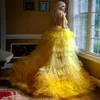 Fashion Yellow High Low Side Split Prom Dresses Deep V Neck Backless Ruffles Tier Tulle Skirt Pageant Dress Sweep Train Evening Pa217s