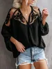 Europe Fashion Women's Lace Chiffon Blouse Broderi Transparent Loose Toppar Blusskjorta Svart Vit C4686