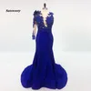 One Shoulder Mermaid Evening Dresses Long Sleeve Lace Beads Backless Royal Blue Formal Dress Party Prom Gown Robe De Soiree
