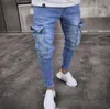 Heren jeans Slim Fit Hi-Street Distressed Denim Joggers Stretch Trend Kniebatte Zipper Voeten Broek