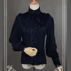 Wholeslae-خمر المرأة قميص لوليتا القوطية الشيفون كشكش بلوزة طويلة الأكمام blusas أسود / أبيض / الأزرق الداكن / بورجوندي
