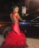 Red Ombre Mermaid Beaded Prom Dresses Sequined Halter Neck African Backless Evening Gowns Plus Size Sweep Train Satin Tiered Formal Dress