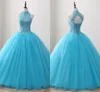 Aqua Blue Lace Quinceanera Dresses Ball Gowns Prom Girls 2020 High Neck Lace-up Tulle Beaded Crystal Girls Graduation Prom Dress Cheap