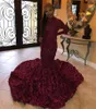 2020 nuovi abiti da ballo a sirena sexy bordeaux collo alto maniche lunghe fiori floreali 3D applicazioni di pizzo abiti da sera in rilievo di cristallo abiti da festa