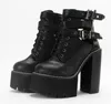Photo réelle nouvelle mode Punk noir blanc à lacets boucle sangle bout rond plate-forme femmes chaussures à talons hauts décontracté Match plate-forme bottes