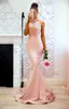 Blush Pink Mermaid Bridesmaid Dresses Halter Lace And Satin Maid Of The Honor Gowns Count Train Sexy Back Buttons Yong Girls Party Dress