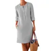 Plus Size Casual Solid Color Cotton Linen Women Long Sleeve Tunic Kaftan Dress length vestidos summer dresses causal clothing