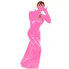 Vestido largo de talla grande S-6XL de PVC con cuello en V y guante conectado para mujer, disfraz de actuación de Catwoman, vestido Sexy ajustado para discoteca