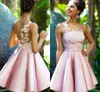 Sexy Sheer Neck Pink Homecoming Cocktail Dresses Knee Length A Line Appliques Arabic Short Prom Gowns Party Pageant Wear Cocktail Party Gown