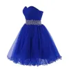 Royal Blue Piping A-Line Graduation Homecoming Klänningar 2020 Strapless Pleated Draped Beaded Sashes Crystal Short Prom Dress Party Vestidos