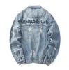 Mäns Denim Jacka Fashion Cool Hole Design Brev Broderi Högkvalitativ tidvatten Mäns Casual Långärmad Denim Jacka Coat 2XL