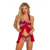 Mulheres Sexy Fly Away Contraste Ruffle Aberto dianteira do laço e malha Halter Strapes Babydoll com G-String Pijamas Vestido Lingerie Chemise Set S-XX