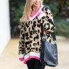 Leopard V-ringad tröja Autumn Winter Sexig modetryck vinter stickat lapptäcke långa ärmar rosa tröjor stickade swetry damskie