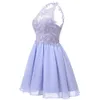 HALTER KORTE HOMECOMING JURKEN VOOR TIENS CHIFFON LAAT APPLIKES JUNIORS PROM JURKS KEYHOUD TERUG 8e klas feestjurk 184E