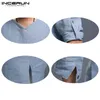 Incerun estilo chinês camisas dos homens manga longa dobrado com decote em v simples camiseta solta ajuste algodão topos homem roupas masculinas m2953