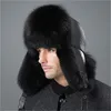 Chapeau en vraie fourrure de renard et cuir véritable pour hommes, couvre-oreilles de Ski russe Ushanka, chaud d'hiver, aviateur, trappeur, bombardier, Cap9665269