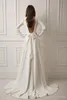 Lihi Hod Satin A-Line Wedding Dresses with Bow Sash Long Sleeve Backless High Side Split Wedding Dress Bridal Gown Robe de Mariee Custom