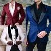 Blå Burgundy Bröllop Tuxedos Mens Formell Classic Lapel Singel Breasted Skinny Fit Groom Wear Beach Garden Bröllop Jacquard Jacka och Vest