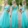 Teal Long Chiffon Bridesmaid Dress with Glitter Lace Bodice Country Wedding Party Guest Dresses Custom Made